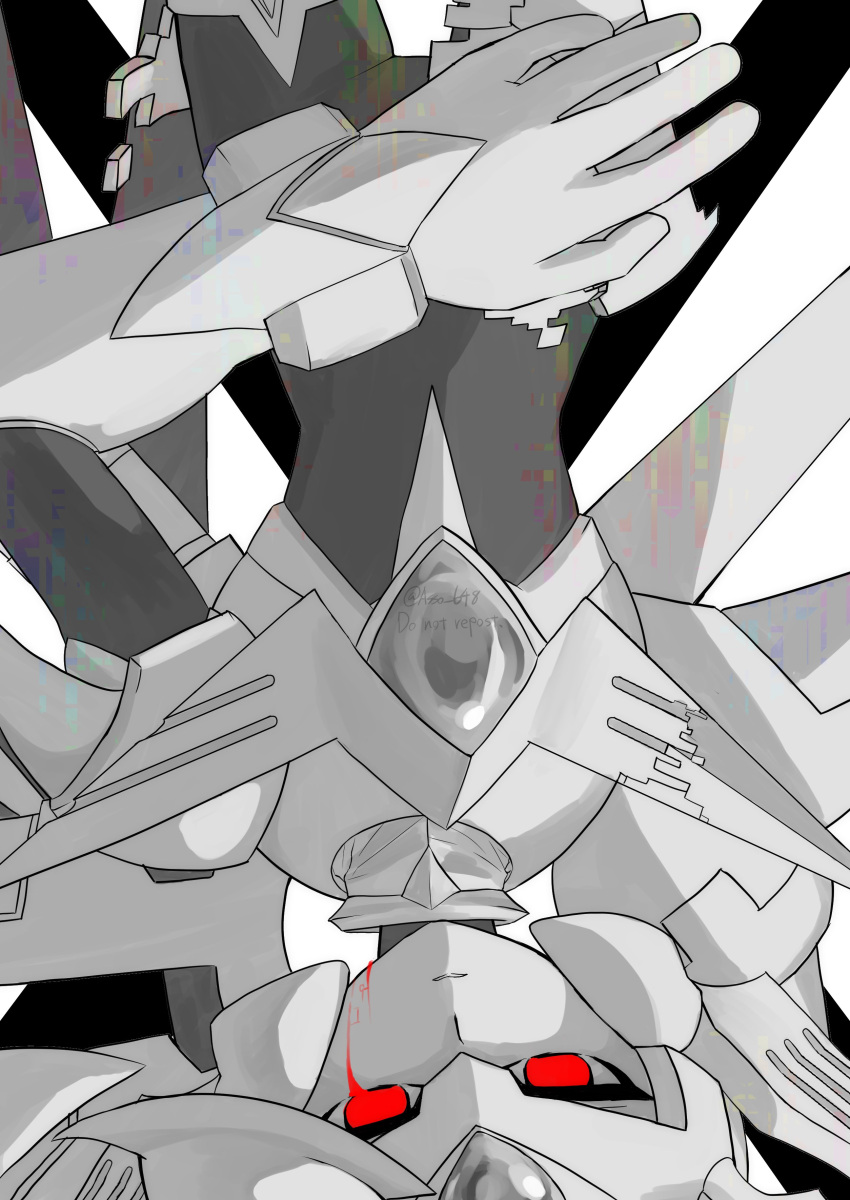 1boy, absurdres, armor, asso_(asso_648), chest_jewel, copy_x_(mega_man), forehead_jewel, greyscale