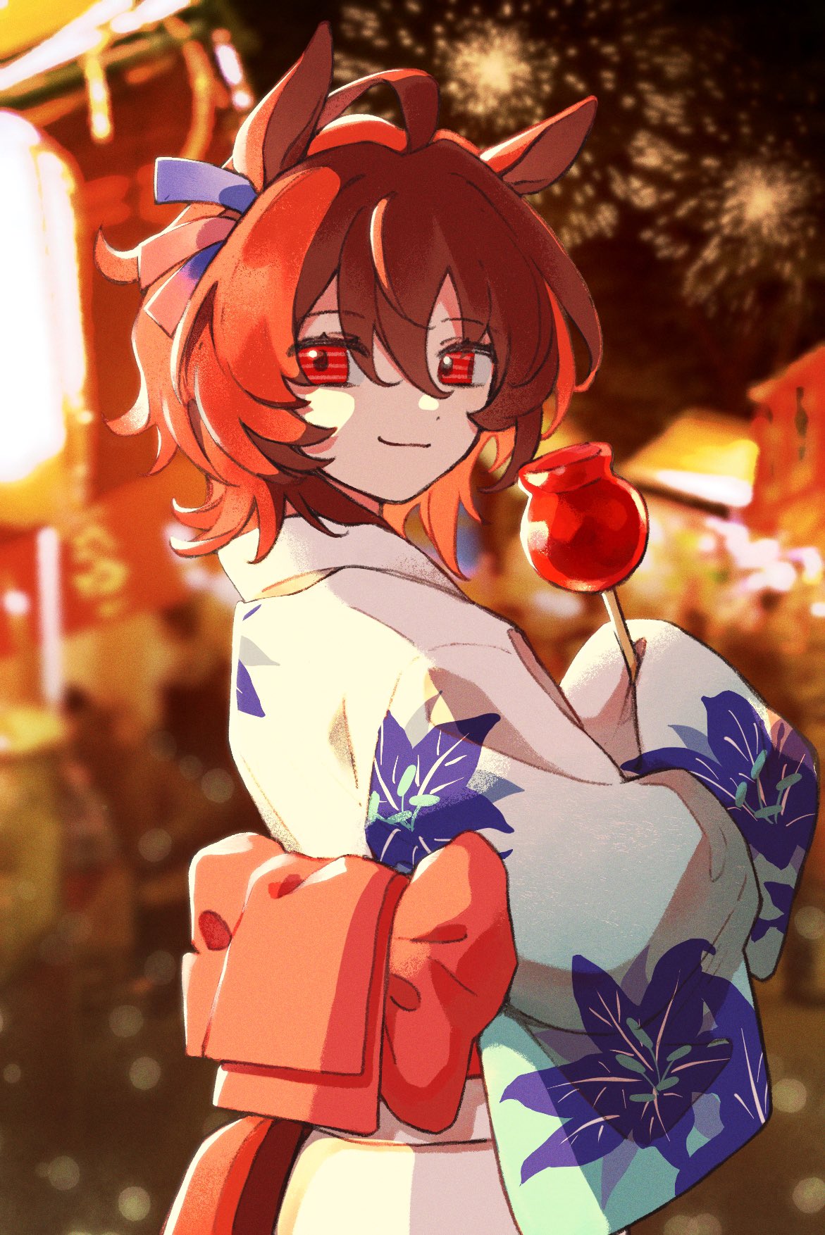 1girl, agnes_tachyon_(umamusume), ahoge, animal_ears, back_bow, blue_kimono, blue_ribbon, blurry
