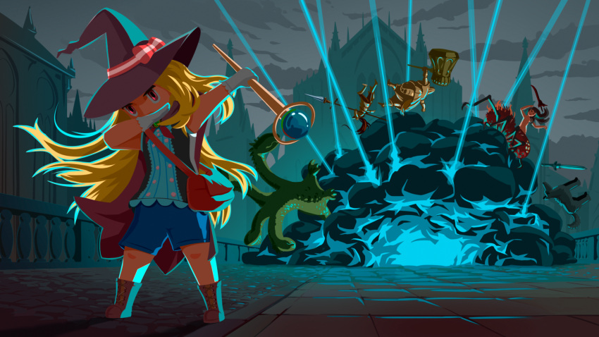 2boys, 2girls, anor_londo, antinoya, architecture, blonde_hair, blue_shorts, boots