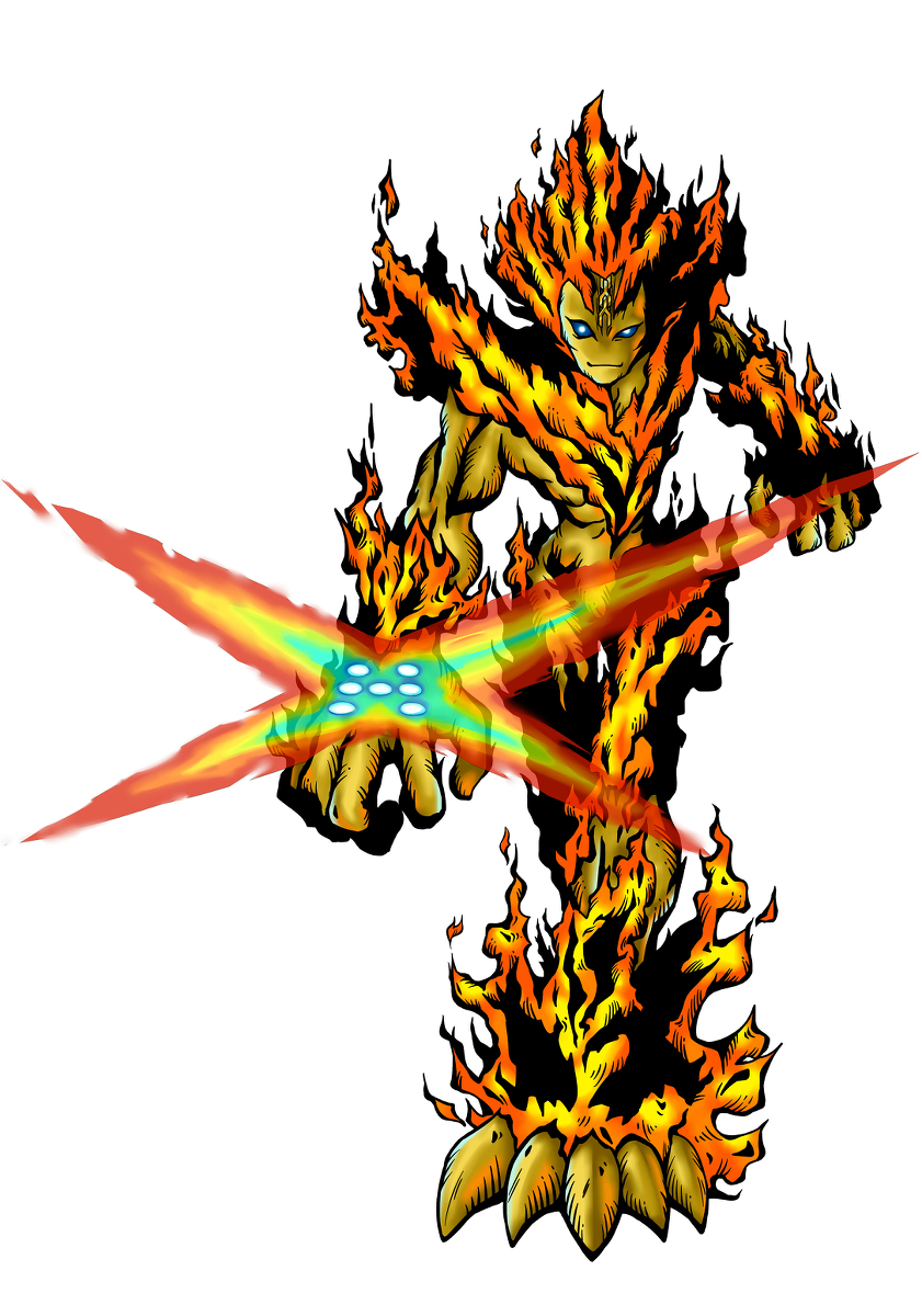 1boy, blue_eyes, claws, colored_skin, digimon, digimon_(creature), embers, fiery_hair, fire, flaming_hand, highres, light_smile, looking_at_viewer, male_focus, meramon, meramon_x-antibody, muscular, muscular_male, no_humans, parody, shisan_yi, solid_eyes, solo, squinting, style_parody, walking, watanabe_kenji_(style), white_background, x, x-antibody, yellow_skin