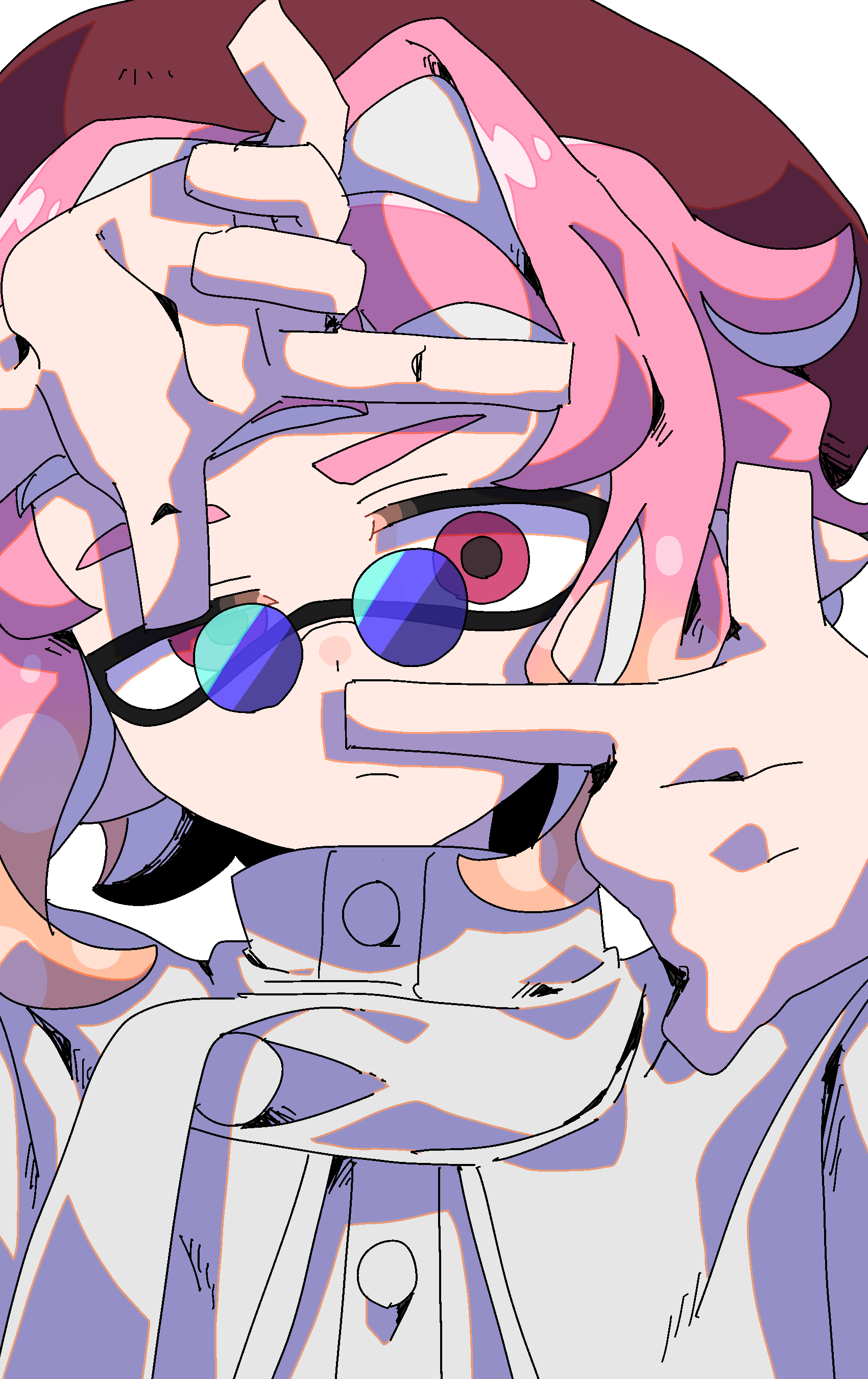 1boy, absurdres, blue-tinted_eyewear, closed_mouth, commentary_request, finger_frame, gradient_hair, hat