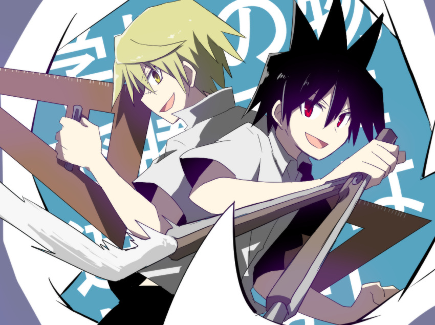 2boys, back-to-back, black_hair, black_necktie, black_pants, blonde_hair, blue_background, collared_shirt