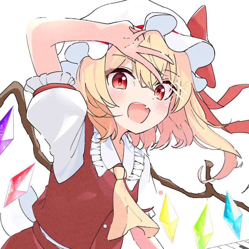 1girl, :d, arm_up, ascot, blush, commentary, crossed_bangs, crystal, eyelashes, eyes_visible_through_hair, fang, flandre_scarlet, frilled_shirt_collar, frilled_sleeves, frills, hair_between_eyes, happy, hat, hat_ribbon, highres, kyuu_cat, looking_at_viewer, mob_cap, one_side_up, open_mouth, puffy_short_sleeves, puffy_sleeves, red_eyes, red_ribbon, red_vest, ribbon, shirt, short_sleeves, simple_background, skin_fang, smile, solo, sparkle, symbol-only_commentary, teeth, touhou, upper_body, upper_teeth_only, v, v_over_head, vest, white_background, white_hat, white_shirt, wings, yellow_ascot