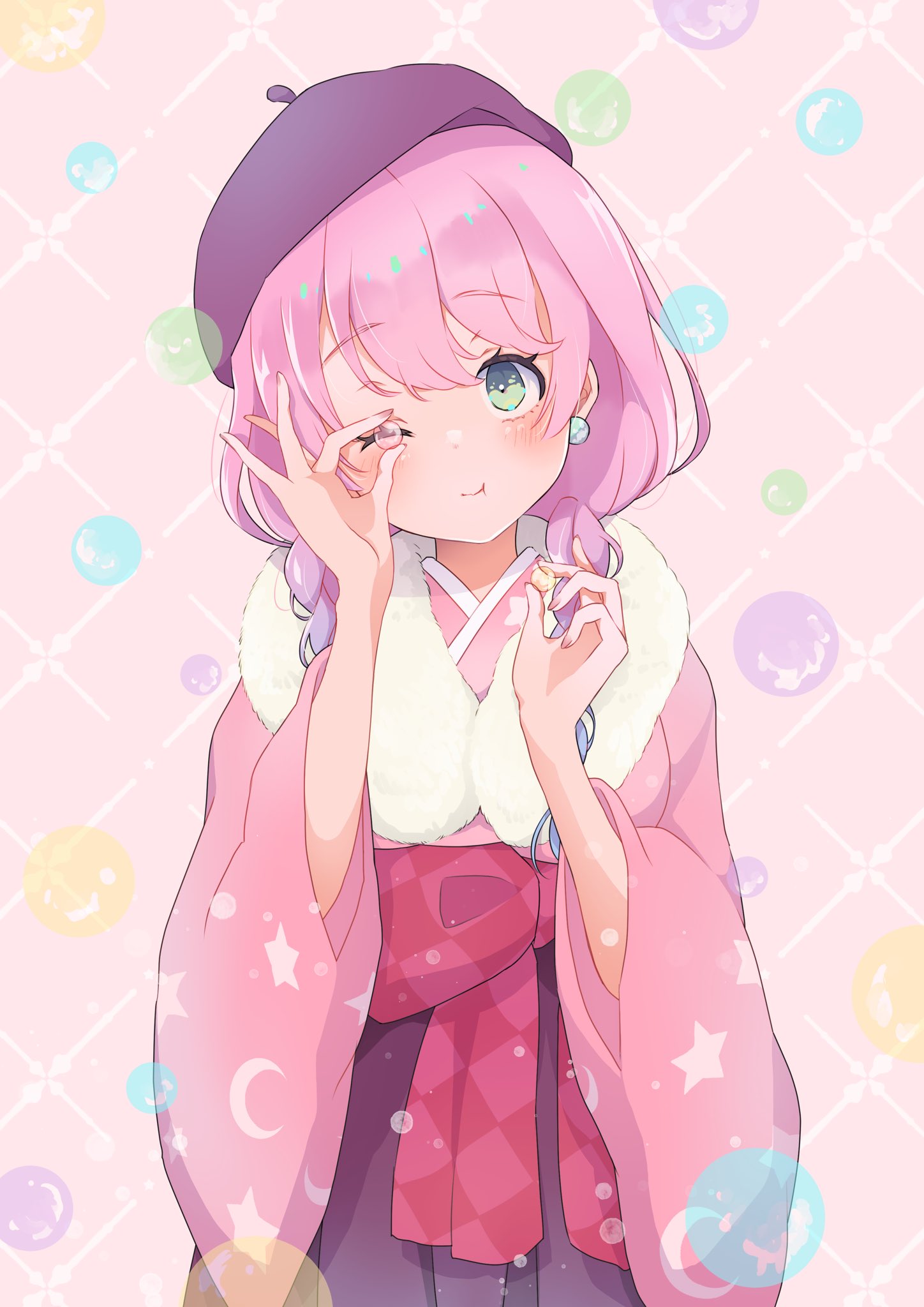 1girl, :t, beret, blue_hair, braid, candy, crescent_print, earrings