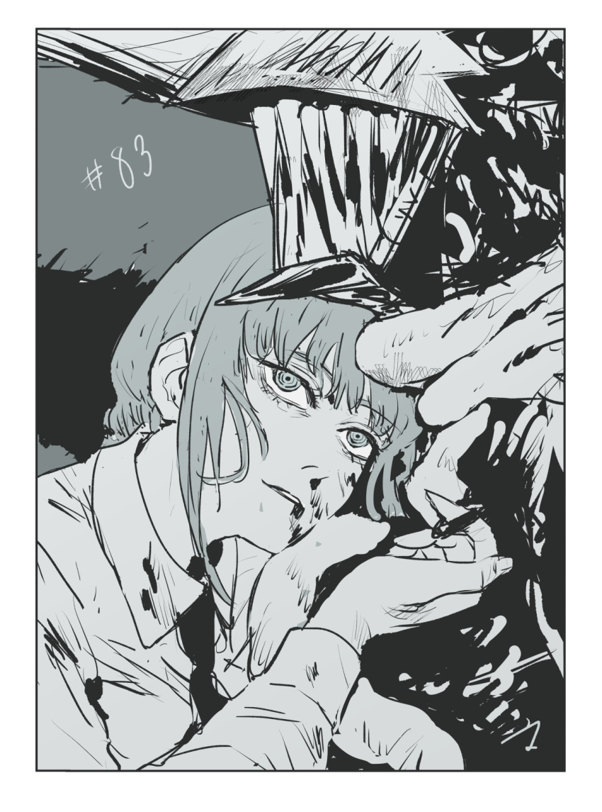 1boy, 1girl, blood, blood_on_clothes, blood_on_face, border, chainsaw_devil, chainsaw_man