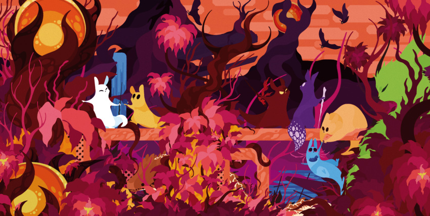 animal, artificer_(rain_world), batfly_(rain_world), black_eyes, blue_fruit_(rain_world), burn_scar, caramel_lizard_(rain_world), closed_eyes