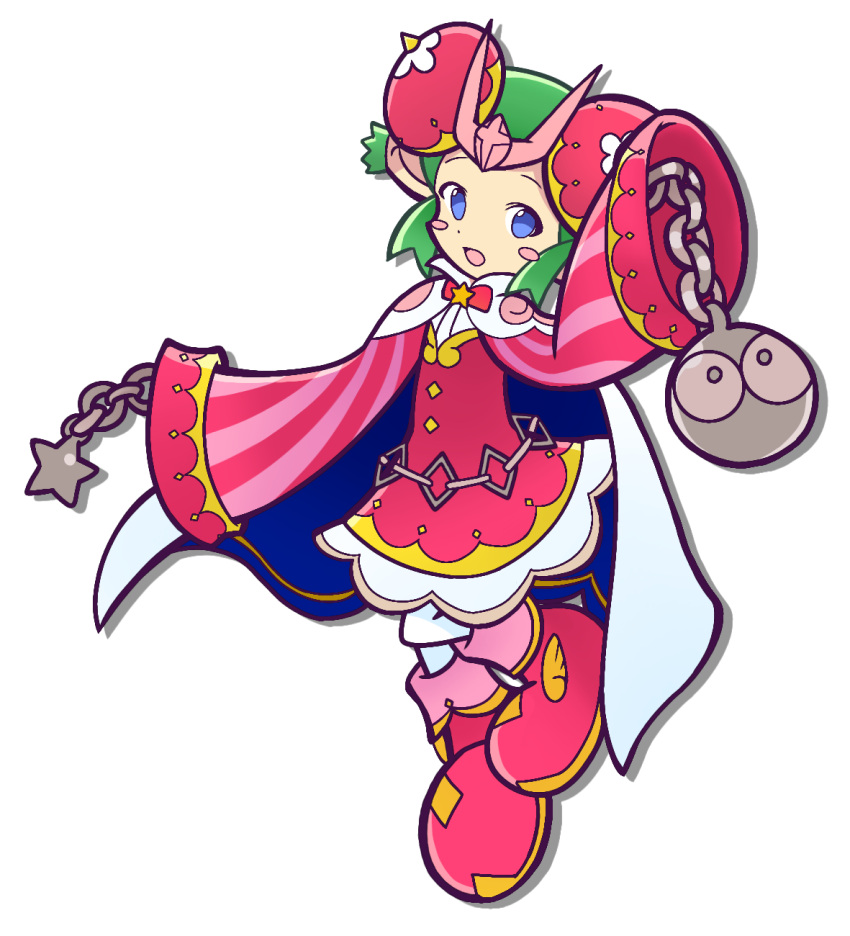 1girl, arm_mounted_weapon, arm_up, ball_and_chain_(weapon), blue_cape, blue_eyes, blush_stickers, bun_cover, cape, chain, circlet, collared_cape, deformed, diagonal-striped_clothes, dot_nose, dress, drop_shadow, floating, fold-over_boots, full_body, green_hair, highres, horn_ornament, horns, knee_up, lidelle_(andromeda)_(puyopuyo), lidelle_(puyopuyo), looking_at_viewer, no_pupils, official_alternate_costume, open_mouth, otakumodoki, outstretched_arm, pantyhose, pink_dress, pink_footwear, pointy_ears, puyopuyo, puyopuyo_quest, short_hair, sidelocks, simple_background, sleeve_cuffs, sleeves_past_wrists, solo, striped_clothes, striped_sleeves, two-sided_cape, two-sided_fabric, white_background, white_cape, white_pantyhose