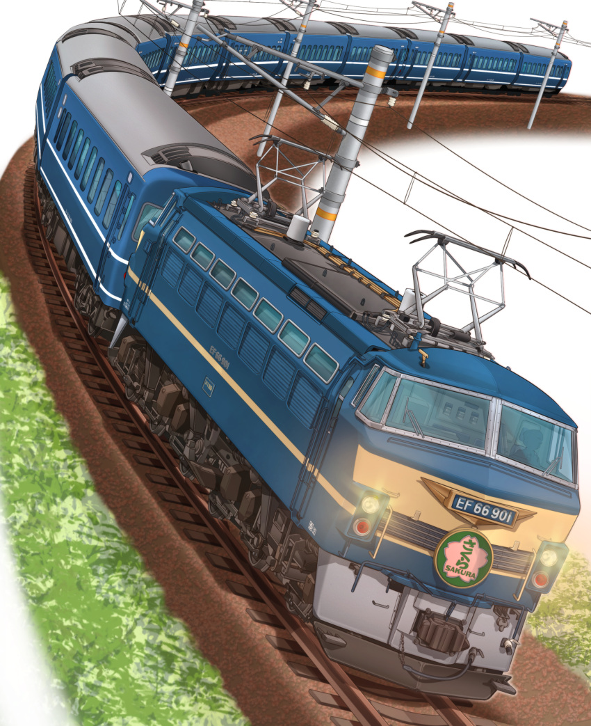 1other, absurdres, cable, class_ef66, electric_locomotive, grass, headlight_beam, highres, japan_railways, locomotive, mikeran_(mikelan), outdoors, overhead_line, pantograph, power_lines, railroad_tracks, simple_background, train, vehicle_focus, white_background