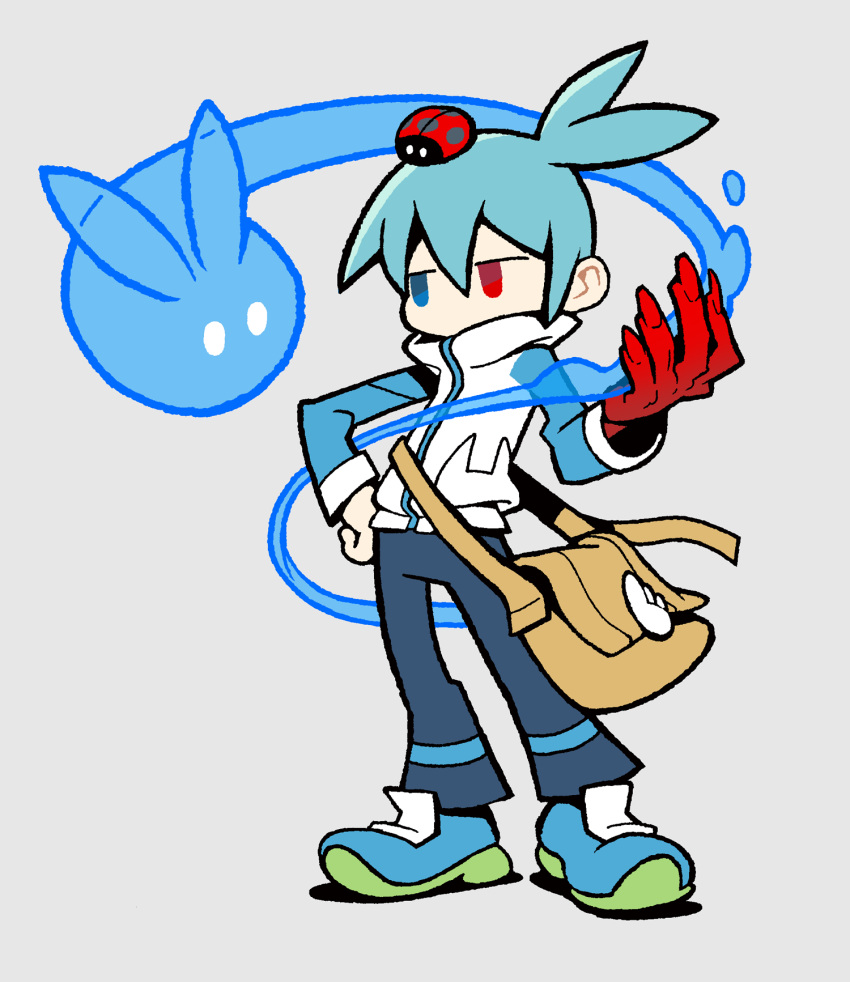 animal_on_head, antenna_hair, asymmetrical_arms, bag, blue_eyes, blue_footwear, blue_hair, blue_sleeves