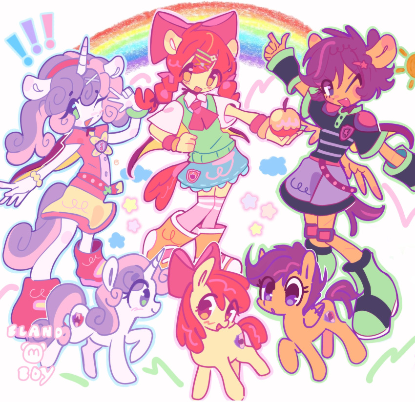 3girls, adapted_costume, alternate_costume, animal_ears, apple_bloom, apple_bloom_(equestria_girls), blandboyx, boots