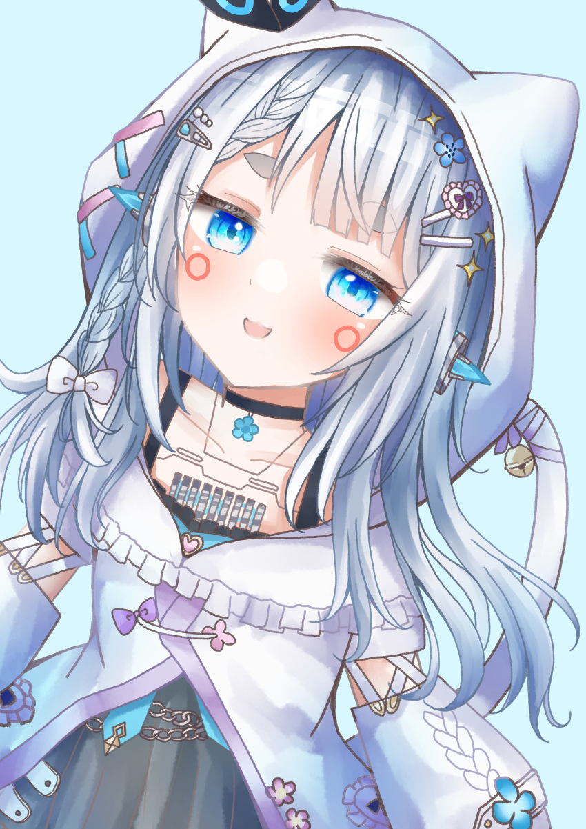 1girl, absurdres, and_uge, bell, black_dress, blue_background, blue_flower, blunt_bangs