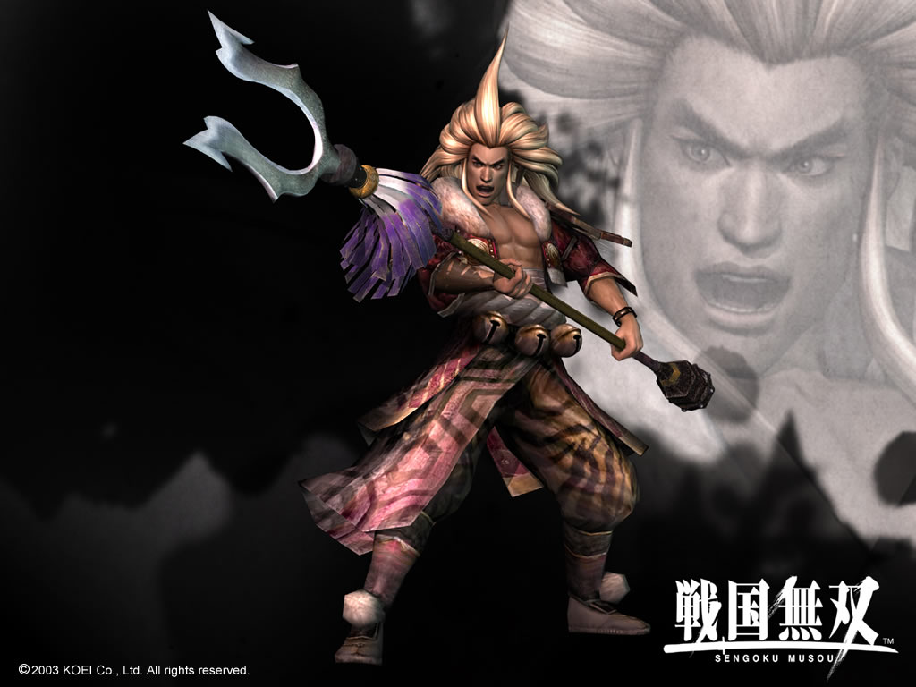 blonde_hair, chest, koei, long_hair, maeda_keiji, muscles, official_art, samurai