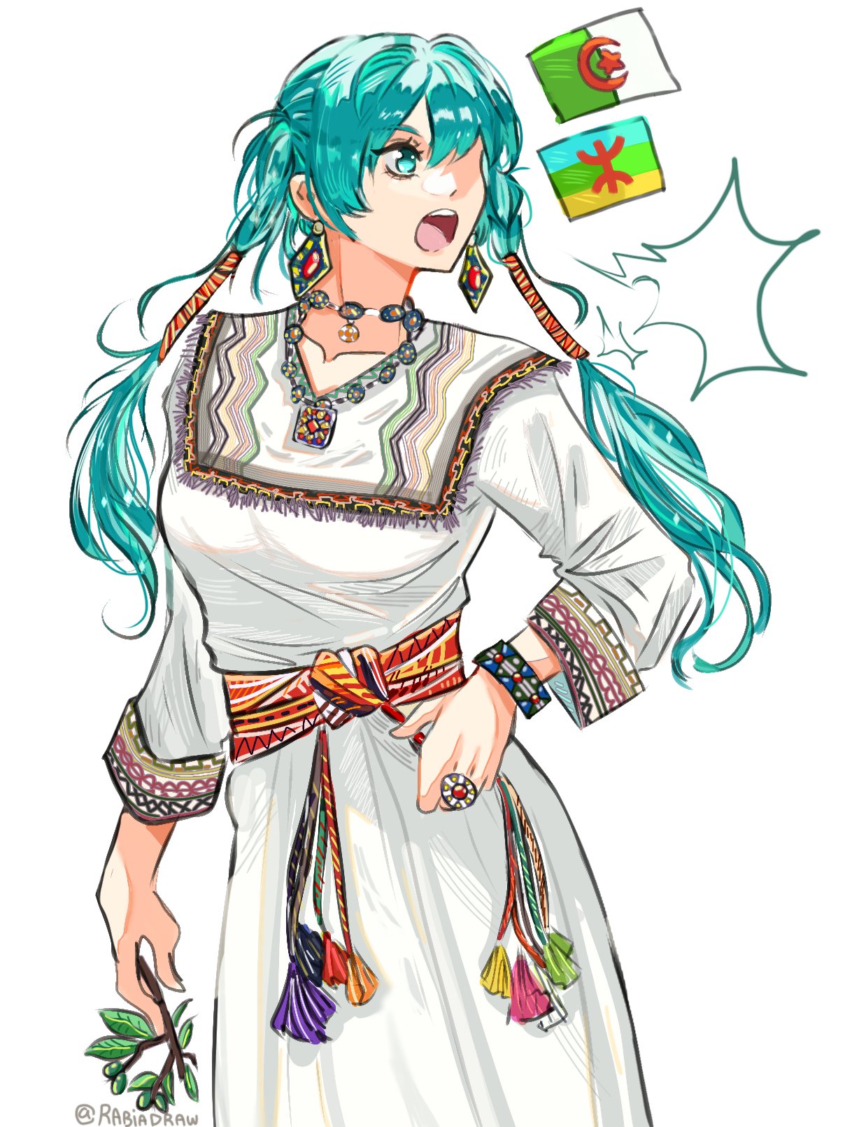 1girl, algerian_flag, alternate_costume, aqua_eyes, aqua_hair, artist_name, berber_clothing, berber_flag