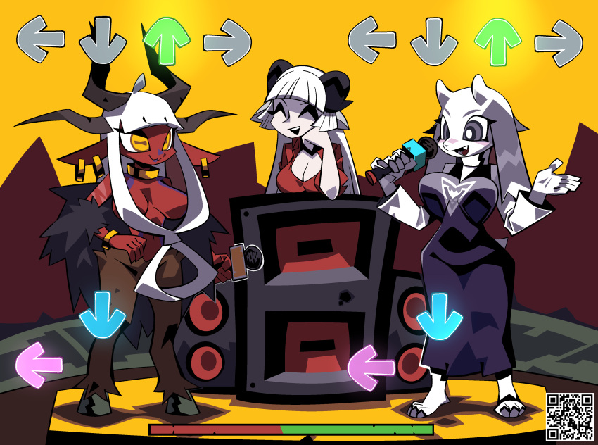 3girls, absurdres, baphomet, baphomet_(grizz), baphomet_(niking), breasts, dress, earrings, friday_night_funkin', furry, furry_female, hand_on_own_hip, helltaker, highres, hillmyna, hoop_earrings, hooves, jewelry, large_breasts, long_hair, multiple_girls, original, purple_dress, toriel, undertale, very_long_hair, white_hair