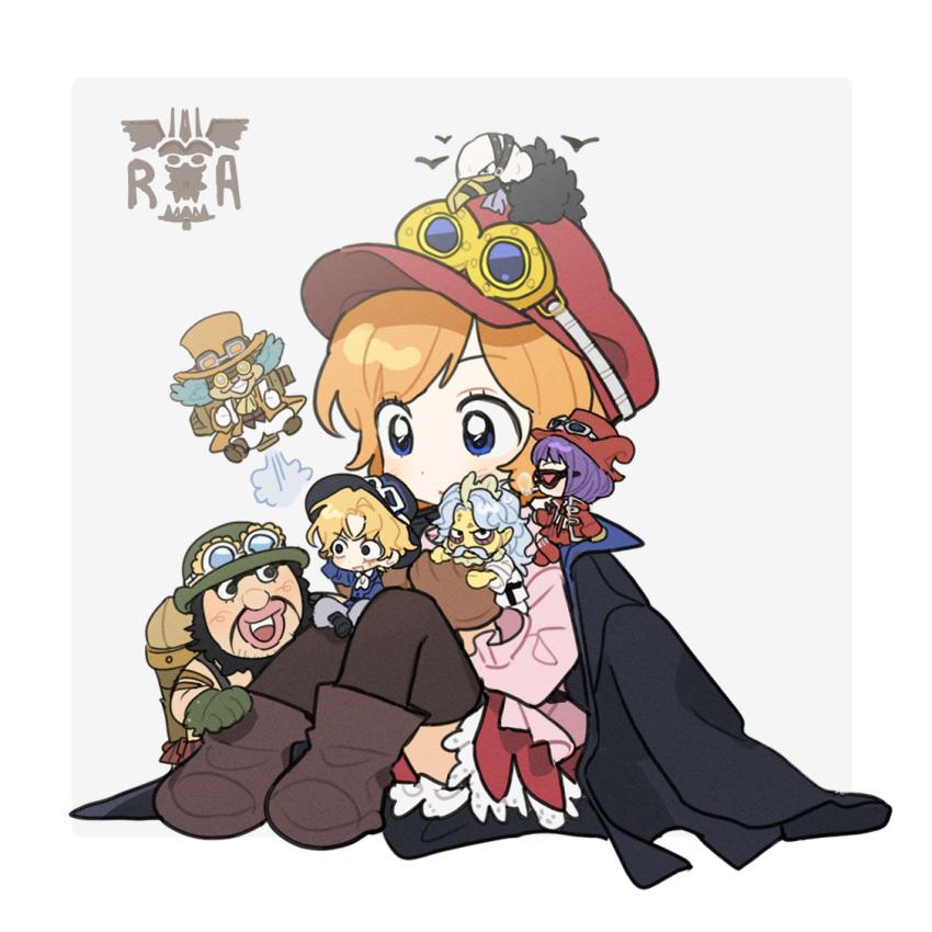 2girls, 5boys, beard, belo_betty, bird, black_coat, black_hair, blonde_hair, blunt_bangs, bob_cut, brown_gloves, chibi, coat, coat_on_shoulders, commentary_request, crow, facial_hair, fish_boy, gloves, goggles, goggles_on_headwear, hack_(one_piece), hat, hemeog1, jetpack, karasu_(one_piece), koala_(one_piece), korean_commentary, lindbergh_(one_piece), morley_(one_piece), multiple_boys, multiple_girls, mustache, one_piece, orange_hat, purple_hair, red_hat, sabo_(one_piece), scar, scar_on_face, short_hair, simple_background, skirt, smile, sunglasses, thigh-highs, top_hat, white_background, yellow_eyes