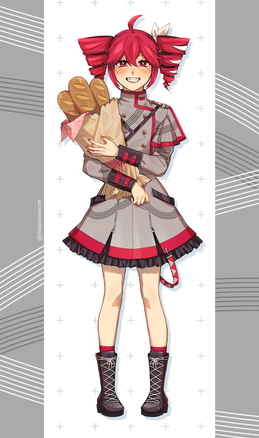 1girl, absurdres, ahoge, bag, baguette, black_footwear, blush, boots