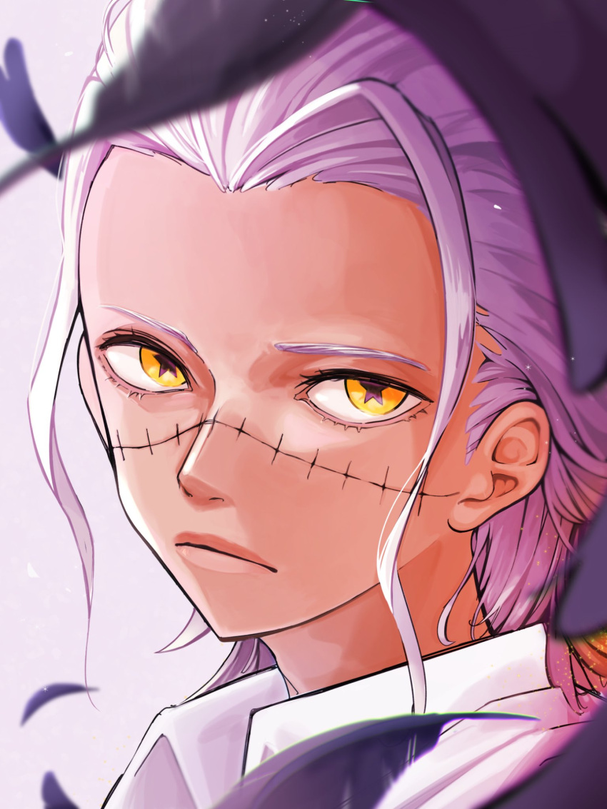 1boy, black_feathers, close-up, closed_eyes, commentary_request, feathers, hair_slicked_back, highres, looking_at_viewer, male_focus, one_piece, s-crocodile, seraphim_(one_piece), sidelocks, simple_background, smi_op, solo, star-shaped_pupils, star_(symbol), stitched_face, stitches, symbol-shaped_pupils, white_background, white_hair, yellow_eyes
