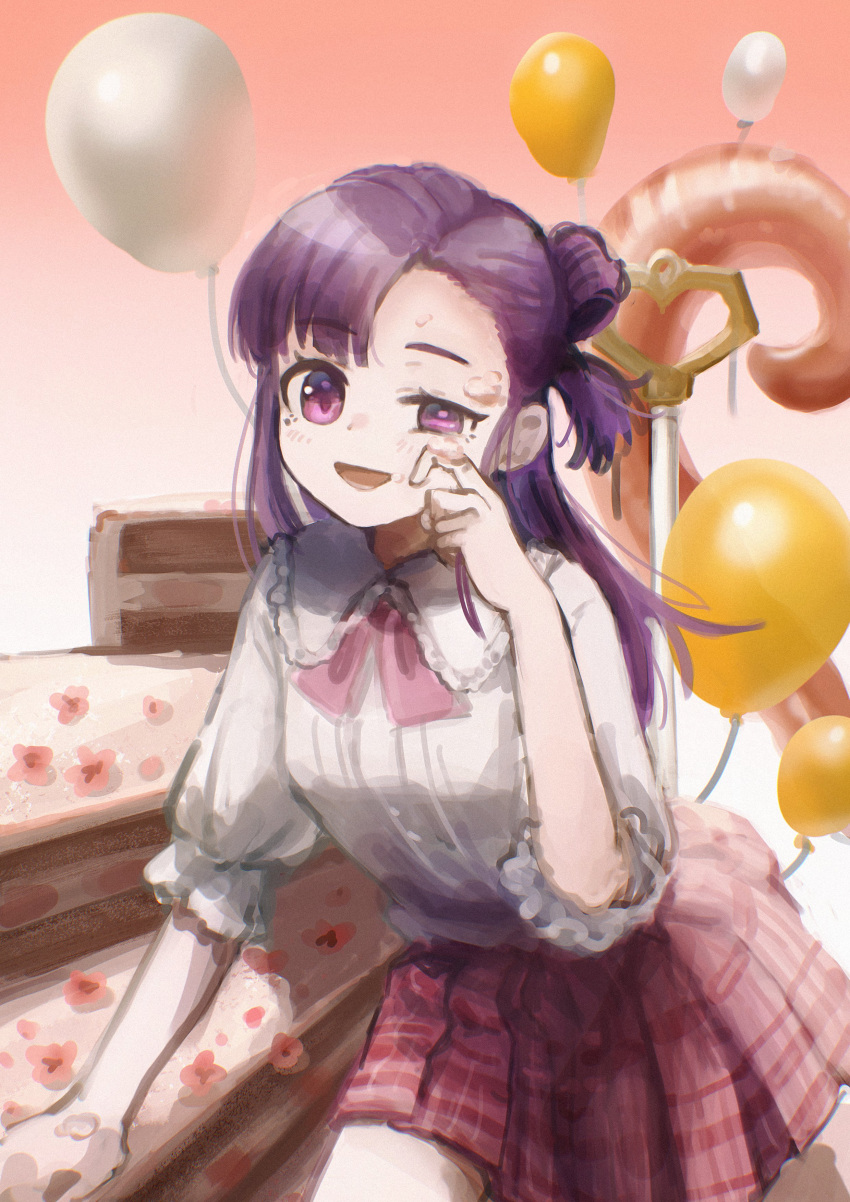 1girl, :d, absurdres, balloon, birthday, cake, cream, cream_on_face