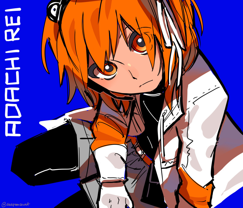 1girl, a.i._voice, absurdres, adachi_rei, black_pantyhose, black_shirt, blue_background, character_name