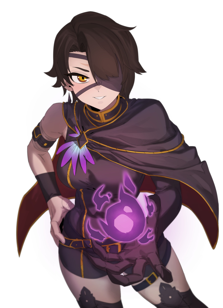 absurdres, black_claws, black_hair, black_romper, boots, breasts, brooch, cape