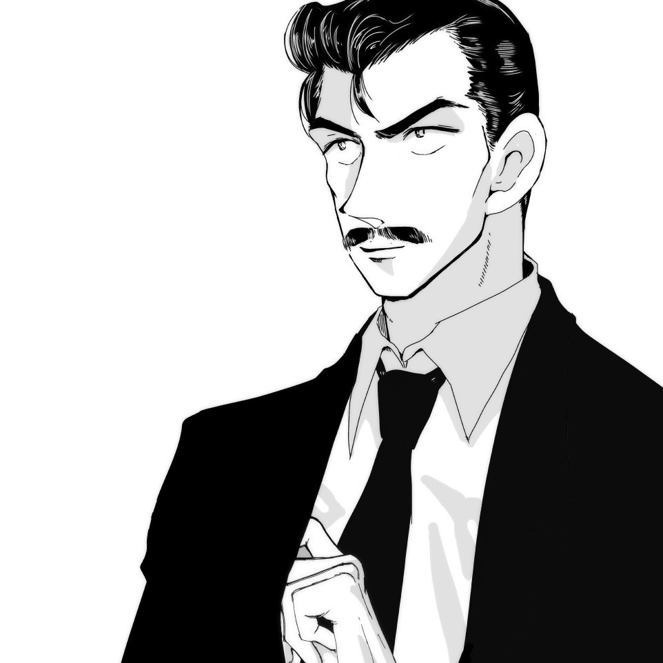 1boy, closed_mouth, commentary_request, facial_hair, greyscale, hair_slicked_back, light_smile, male_focus