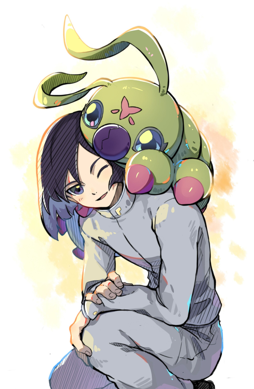 1boy, absurdres, androgynous, bishounen, black_hair, bob_cut, creature, creature_on_head