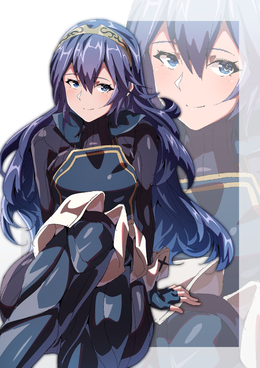 1girl, absurdres, blue_eyes, blue_gloves, blue_hair, brand_of_the_exalt, closed_mouth, eyelashes, fingerless_gloves, fire_emblem, fire_emblem_awakening, gloves, hair_between_eyes, highres, long_hair, long_sleeves, looking_at_viewer, lucina_(fire_emblem), solo, symbol-shaped_pupils, symbol_in_eye, tiara, to_(tototo_tk), zoom_layer