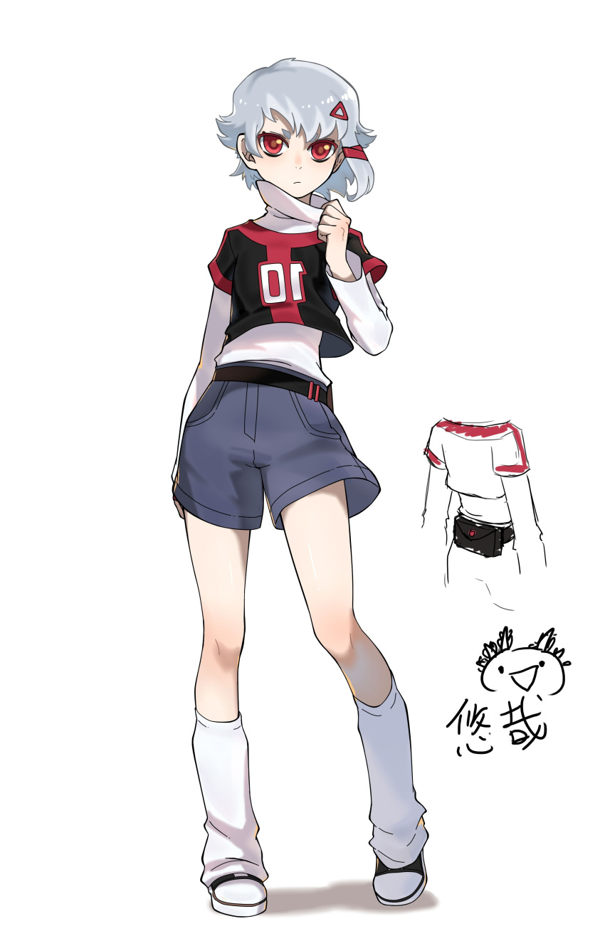 1girl, absurdres, adjusting_collar, albedo_(ben_10), animification, arm_at_side, belt, ben_10, black_belt, black_shirt, cartoon_network, closed_mouth, denim, denim_shorts, flat_chest, full_body, genderswap, genderswap_(mtf), grey_shorts, hair_flaps, hair_ornament, hairpin, hand_up, heel_up, highres, jersey, layered_sleeves, leg_warmers, long_sleeves, nostrils, pigeon-toed, red_eyes, red_shirt, shirt, shoes, short_eyebrows, short_hair, short_over_long_sleeves, short_sleeves, shorts, simple_background, single_sidelock, sketch_inset, standing, straight-on, sweater, sweater_under_shirt, triangle_hair_ornament, turtleneck, turtleneck_sweater, two-tone_shirt, white_background, white_footwear, white_leg_warmers, white_sweater, youzai121