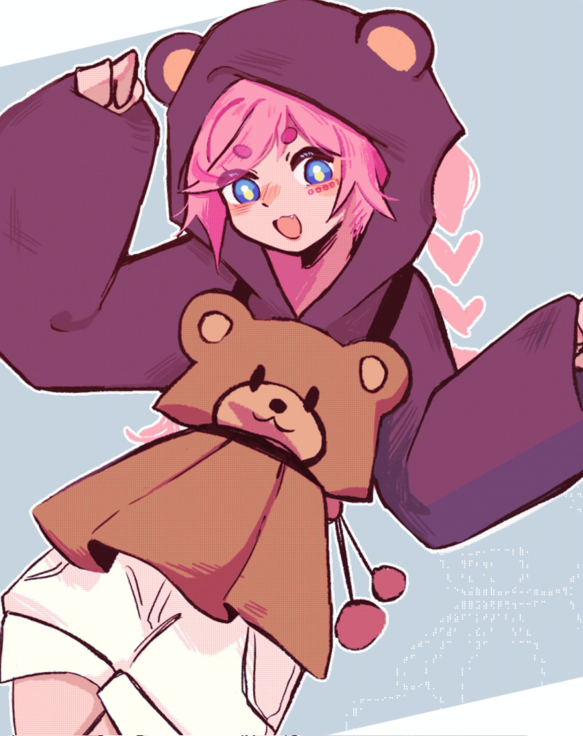 1girl, :d, animal_hood, ascii_art, bear_hood, blue_eyes, blush, braid