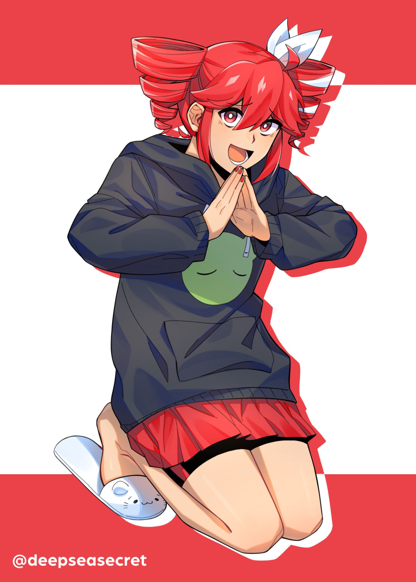 1girl, absurdres, ahoge, bike_shorts, bike_shorts_under_skirt, black_shorts, black_sweater, bow, deepseasecret, double-parted_bangs, drill_hair, full_body, hair_between_eyes, hair_bow, hair_ribbon, highres, kasane_teto, kasane_teto_(sv), kneeling, lower_teeth_only, miniskirt, own_hands_together, red_background, red_eyes, red_skirt, redhead, ribbon, sandals, shorts, skirt, solo, sweater, synthesizer_v, teeth, tongue, twin_drills, twitter_username, utau, white_background, white_bow, white_ribbon