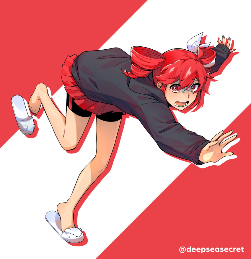 1girl, ahoge, arms_up, bike_shorts, bike_shorts_under_skirt, black_shorts, black_sweater, bow, deepseasecret, drill_hair, falling, full_body, hair_between_eyes, hair_bow, hair_ribbon, highres, hood, hooded_sweater, kasane_teto, kasane_teto_(sv), microskirt, panicking, pleated_skirt, red_background, red_eyes, red_skirt, redhead, ribbon, sandals, shorts, skirt, sweater, swept_bangs, synthesizer_v, teeth, tongue, twin_drills, twitter_username, utau, white_background, white_bow, white_footwear, white_ribbon