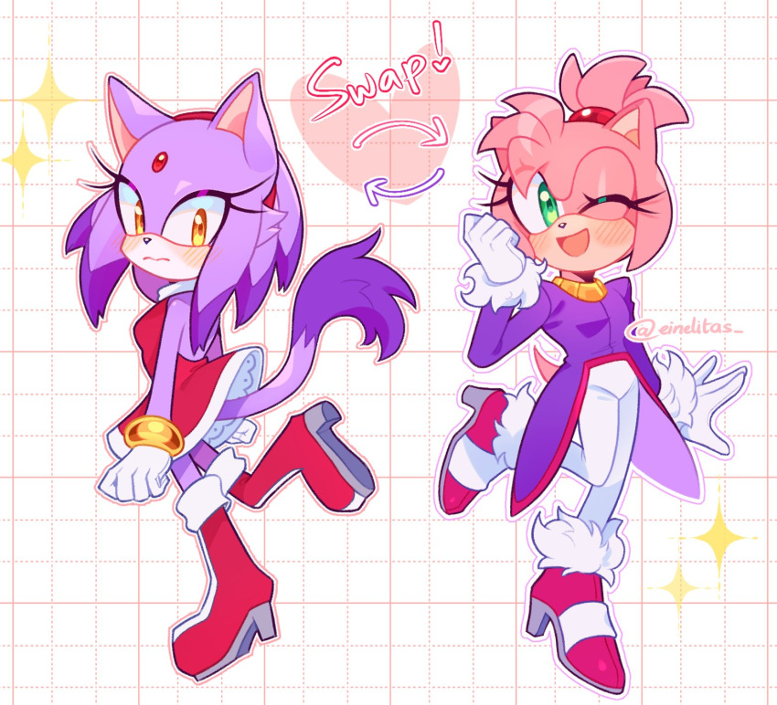 2girls, alternate_hairstyle, amy_rose, amy_rose_(cosplay), animal_ears, arrow_(symbol), artist_name, blaze_the_cat