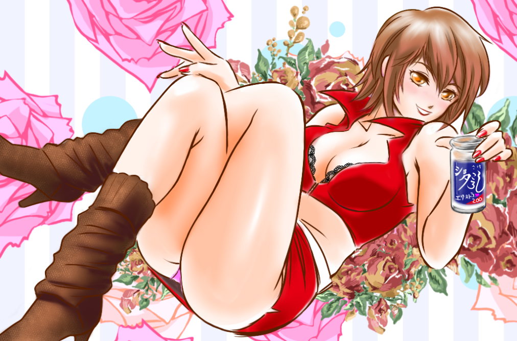 bad_id, boots, breasts, brown_hair, cleavage, flower, indoshiki, meiko