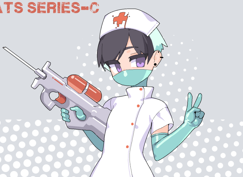 1other, androgynous, black_hair, bullpup, chikuwa_fan973, ear_piercing, earrings, elbow_gloves