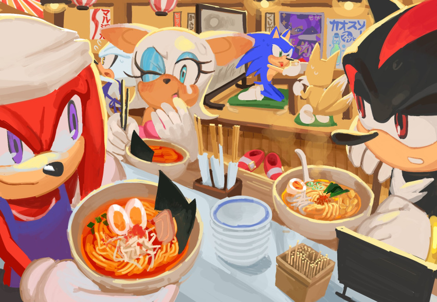 apron, bat_girl, blue_eyes, bowl, chef, chopsticks, commentary, eating, food, fox_boy, green_eyes, highres, indoors, knuckles_the_echidna, looking_at_another, multiple_tails, nights_(character), nights_into_dreams, noodles, one_eye_closed, plate, ramen, red_eyes, restaurant, rouge_the_bat, shadow_the_hedgehog, shoes, silver_the_hedgehog, socks, sonic_(series), sonic_the_hedgehog, sweat, symbol-only_commentary, tail, tails_(sonic), tokiwa757, two_tails, unworn_shoes, violet_eyes, white_socks, yellow_eyes