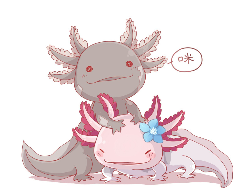 animal_focus, animalization, arm_support, aroma_white, asakura_neko, axolotl, blue_flower, closed_eyes