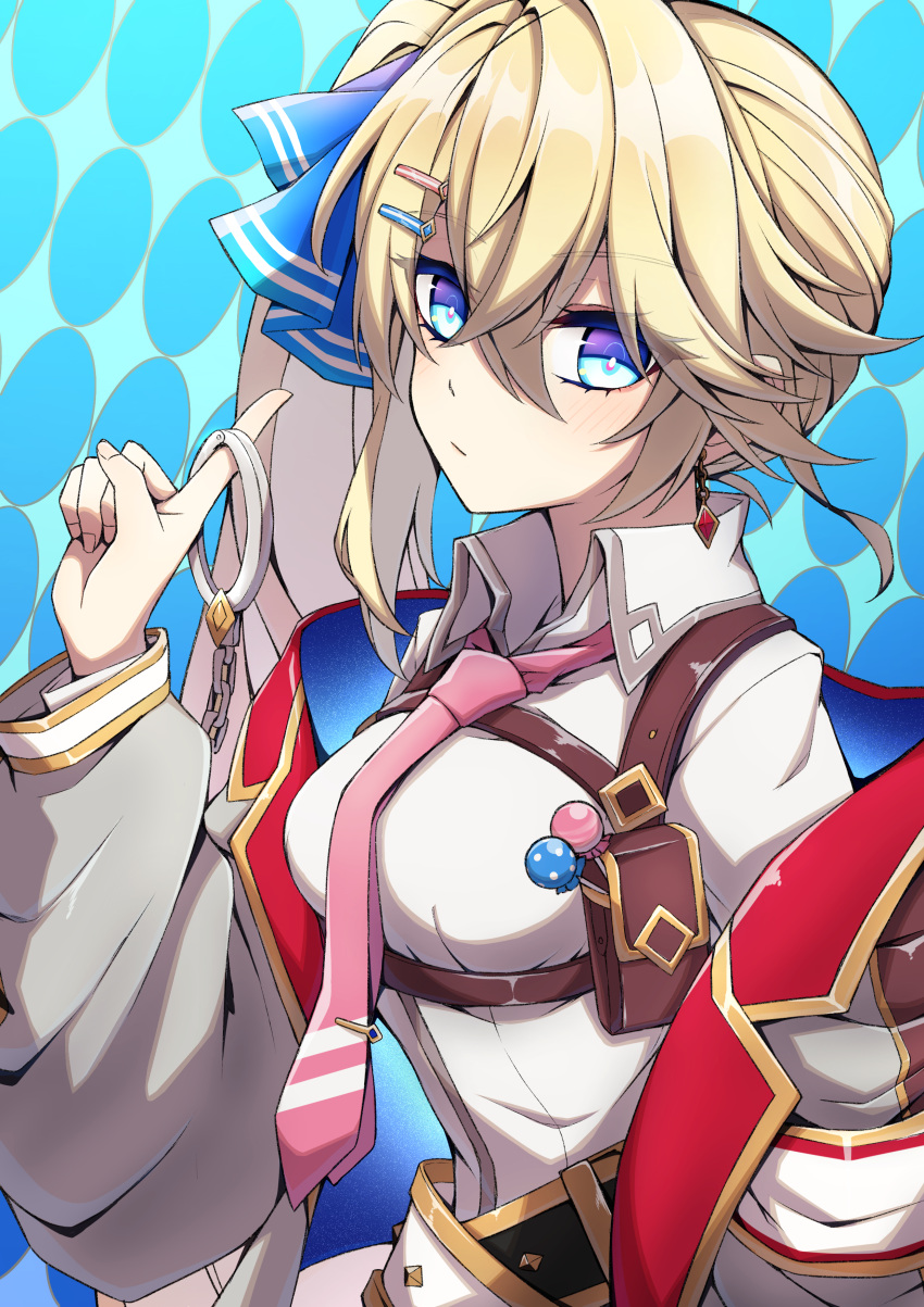 1girl, absurdres, belt, blonde_hair, candy, chakuma_academy_uniform, cuffs, food, hair_ornament, hairpin, highres, jacket, lollipop, looking_at_viewer, necktie, official_alternate_costume, open_clothes, open_jacket, riltet_(shironeko_project), ruisuke, shackles, shironeko_project, side_ponytail, solo