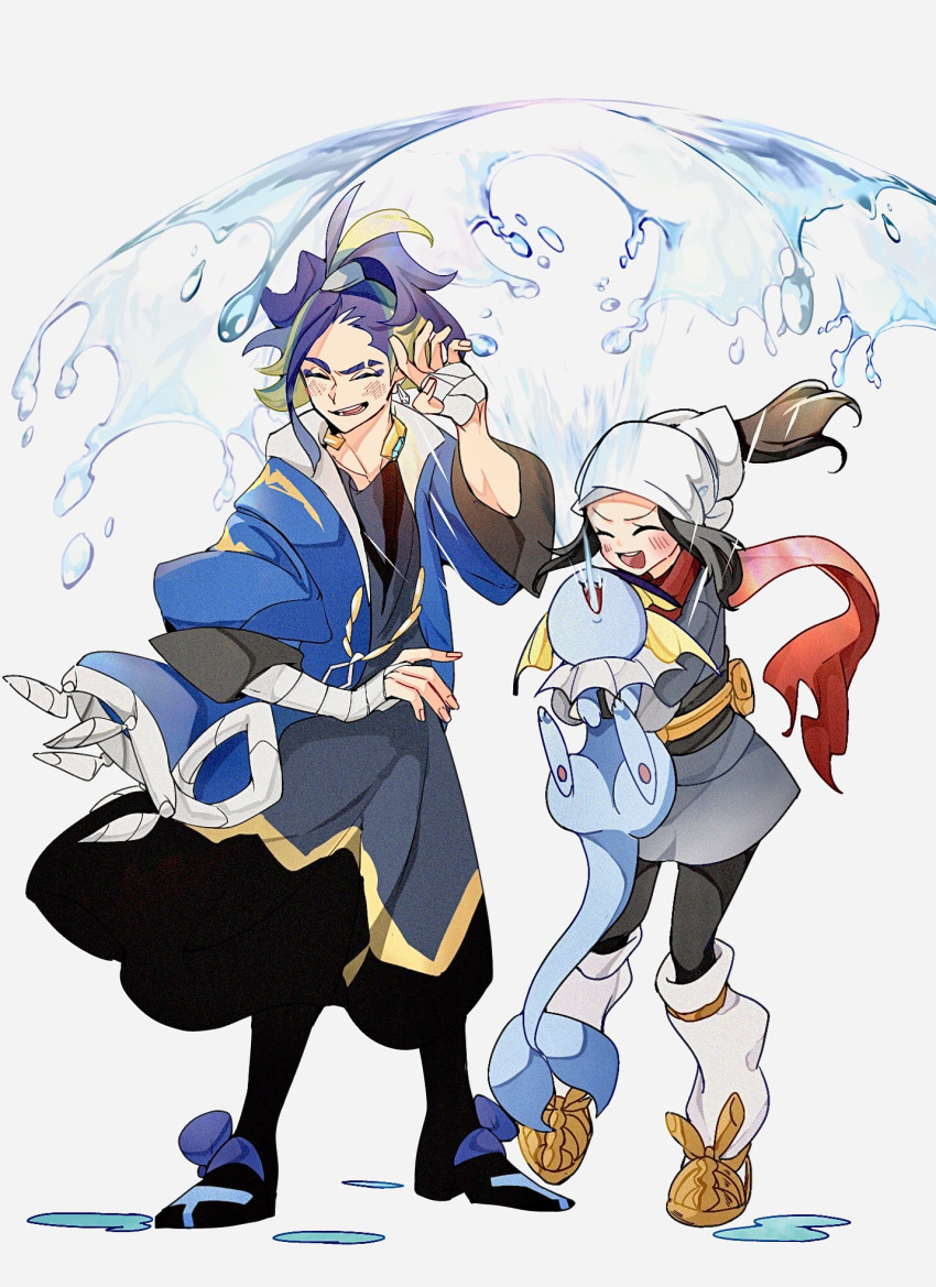 1boy, 1girl, adaman_(pokemon), akari_(pokemon), bandaged_arm, bandaged_hand, bandages, black_hair