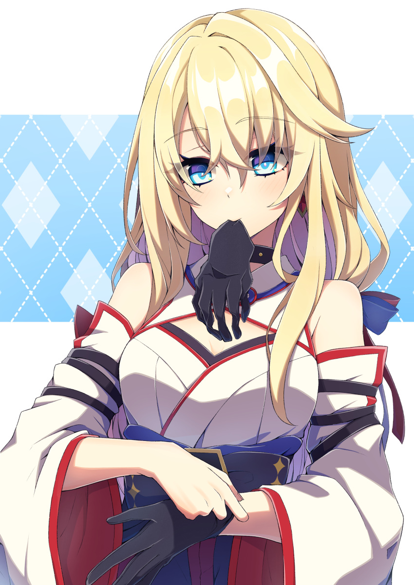 1girl, absurdres, black_gloves, blonde_hair, blue_eyes, choker, detached_sleeves, glove_in_mouth
