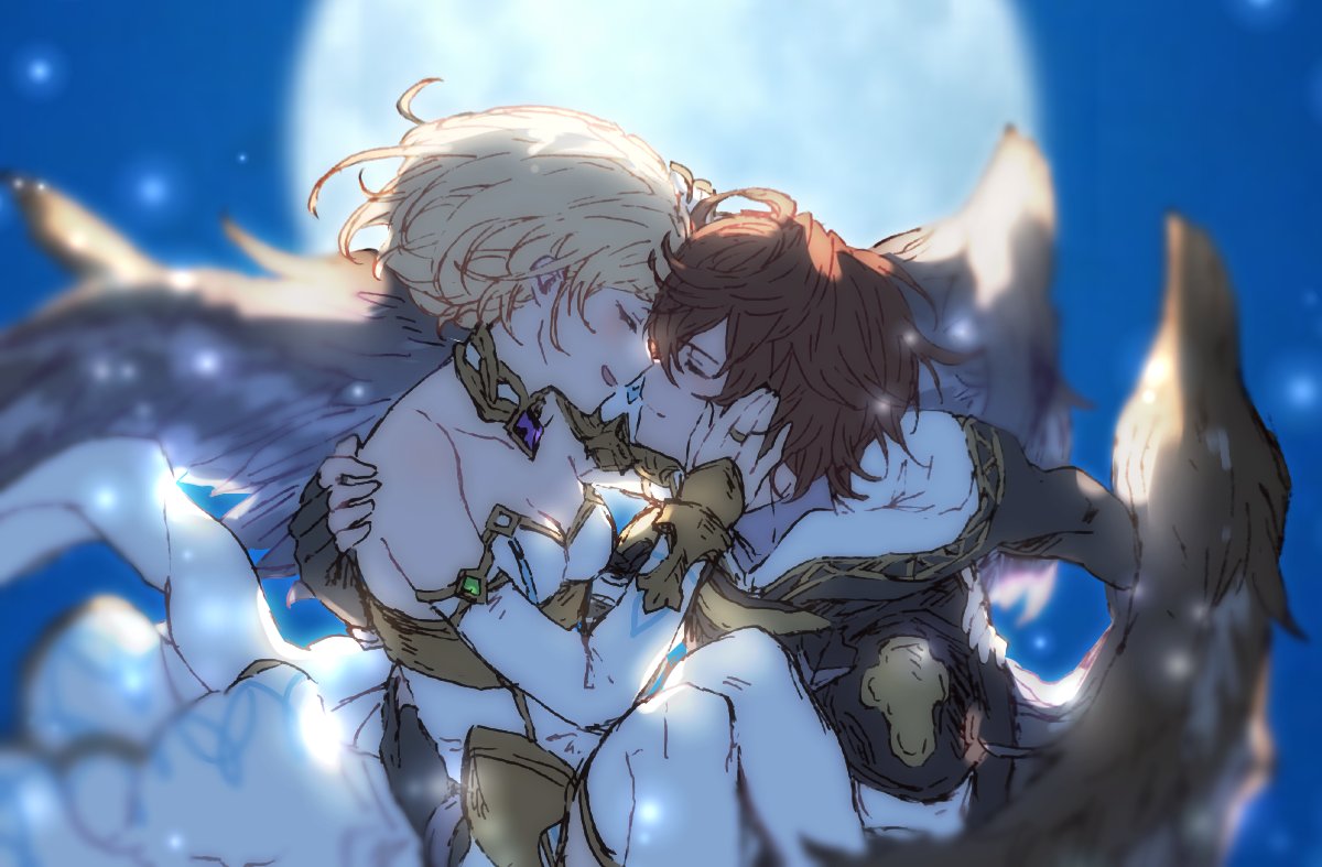 1boy, 1girl, ahoge, armor, blonde_hair, brown_hair, cuddling, djeeta_(granblue_fantasy), dress, feathered_wings, fingerless_gloves, flower, glorybringer_(granblue_fantasy), gloves, granblue_fantasy, hair_flower, hair_ornament, hip_armor, hood, hood_down, messy_hair, mire_eeeei, rose, sandalphon_(granblue_fantasy), shoulder_armor, strapless, strapless_dress, white_armor, white_dress, white_flower, white_rose, wings