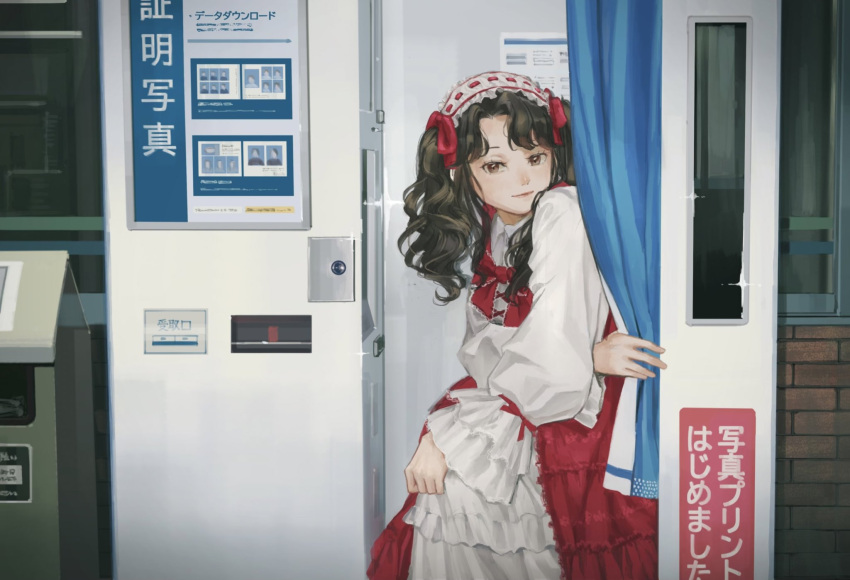 1girl, brick_wall, brown_eyes, brown_hair, curtains, door, dress, frilled_dress, frilled_sleeves, frills, highres, long_hair, long_sleeves, looking_at_viewer, original, photo_booth, puffy_long_sleeves, puffy_sleeves, smile, solo, utsuwa0120