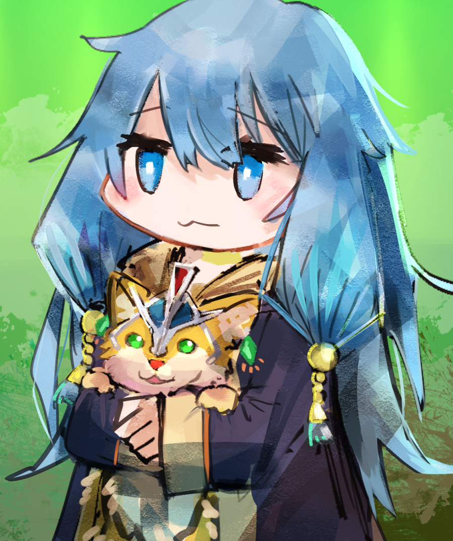 1girl, :3, animal, ariel_(yu-gi-oh!), blue_eyes, blue_hair, blue_robe, duel_monster