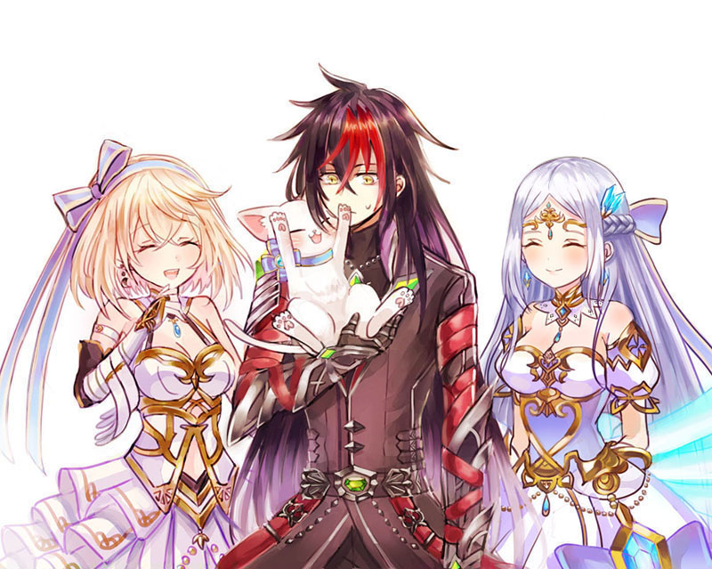 1boy, 2girls, airis_(shironeko_project), black_hair, blonde_hair, cat, catora_(shironeko_project), diadem