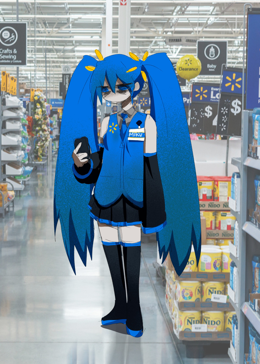 1girl, absurdres, alternate_costume, bags_under_eyes, black_footwear, black_skirt, blue_eyes, blue_hair