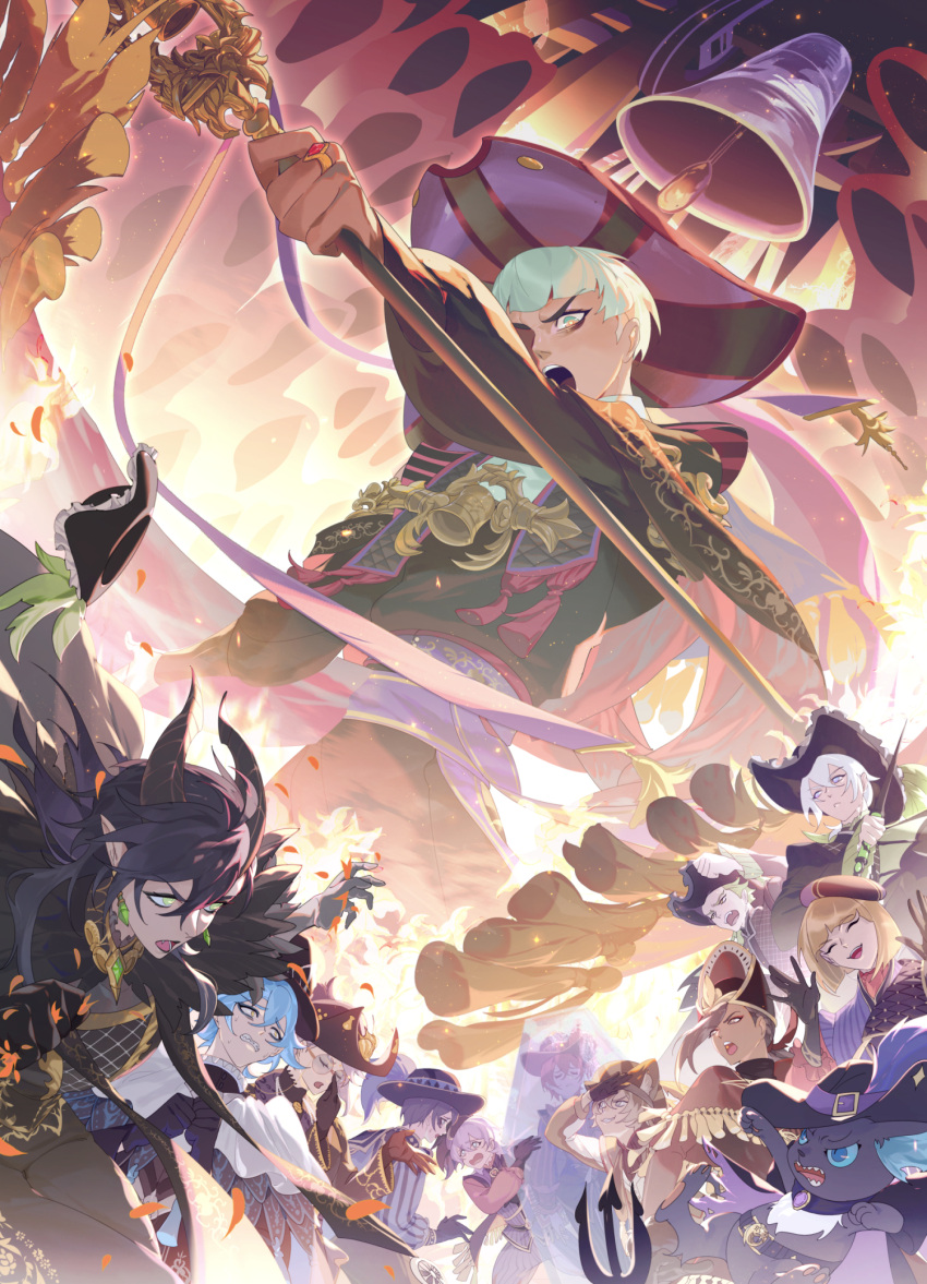 6+boys, animal_ears, azul_ashengrotto, bell, black_hair, cat, church_bell, creature