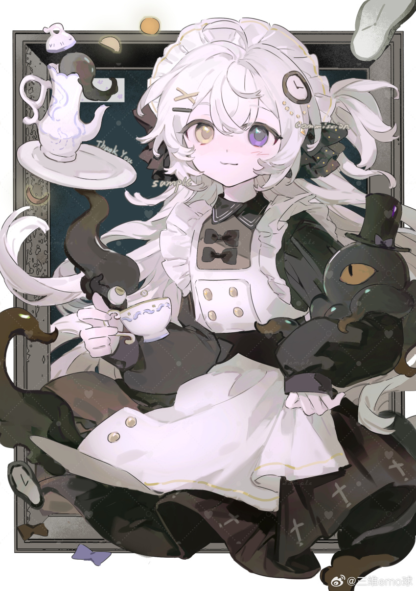 1girl, :3, absurdres, animal_on_arm, apron, beads, black_bow, black_dress, black_hat, border, bow, bow_button, buttons, chinese_commentary, clock_hair_ornament, closed_mouth, commentary_request, commission, cropped_legs, cross_print, cup, dot_nose, dress, eyeball, frilled_apron, frills, hair_beads, hair_between_eyes, hair_bow, hair_ornament, hairclip, hat, hat_bow, heterochromia, highres, holding, holding_cup, light_blush, long_hair, long_sleeves, looking_at_viewer, loose_hair_strand, maid, maid_headdress, medium_dress, octopus, one-eyed, one_side_up, original, outside_border, picture_frame, plate, pleated_dress, polka_dot, polka_dot_bow, purple_bow, sample_watermark, sanwei_emo_qiu, sleeves_past_wrists, smile, solo, teacup, teapot, top_hat, very_long_hair, violet_eyes, watermark, weibo_watermark, white_apron, white_border, white_hair, x_hair_ornament, yellow_eyes