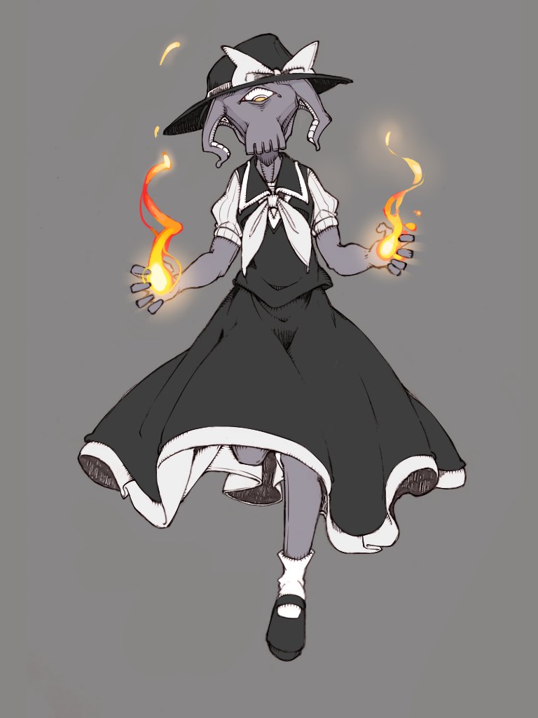 1girl, alien, bare_arms, black_footwear, black_hat, black_skirt, black_vest, bolos