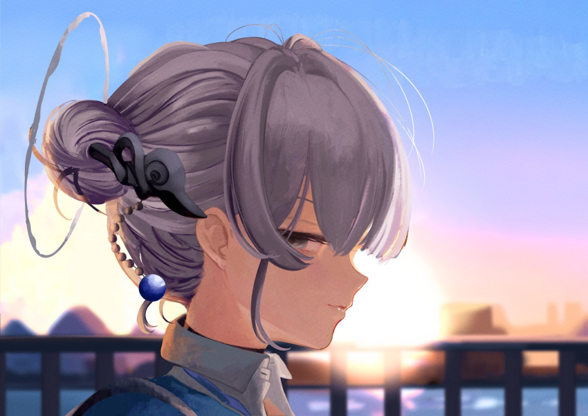 1girl, bags_under_eyes, black_choker, blazer, blue_jacket, choker, collared_shirt, grey_eyes