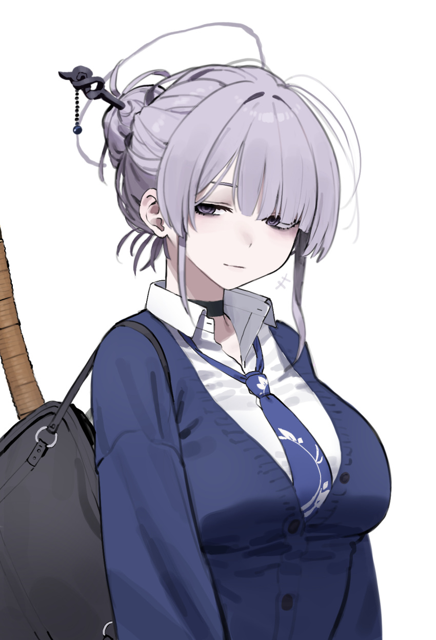 1girl, bag, black_eyes, breasts, cardigan, choker, grey_hair, hair_bun