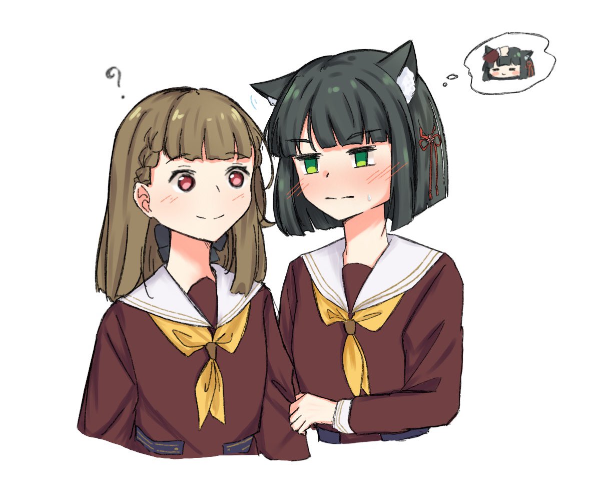 2girls, :|, ?, animal_ear_fluff, animal_ears, black_hair, blunt_bangs, blunt_ends